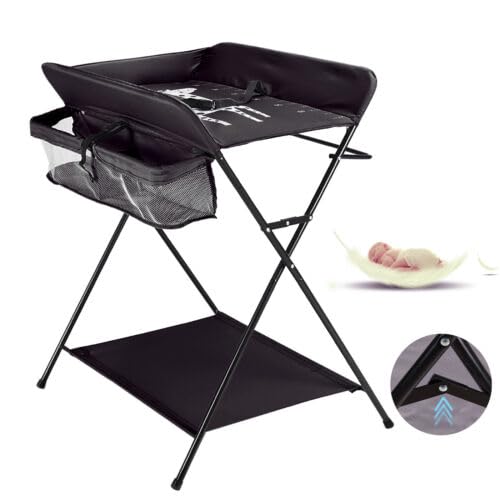 Baby Wickelkombi, Mobiler Wickeltisch mit Ablagefächer, Klappbare Wickelkommode mit Sicherheitsgurt,