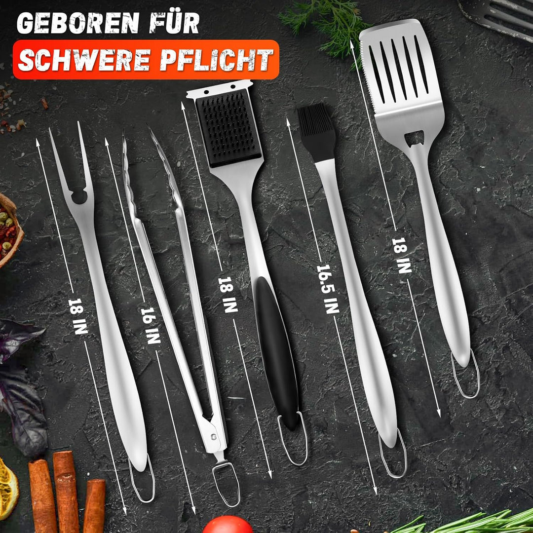 PURPLEBIRD Premium Grillzubehör Set aus Edelstahl - 6-teilig mit 3-in-1 Spatel, Gabel, Zange, Bürste