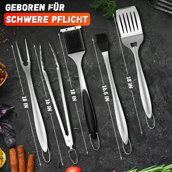 PURPLEBIRD Premium Grillzubehör Set aus Edelstahl - 6-teilig mit 3-in-1 Spatel, Gabel, Zange, Bürste