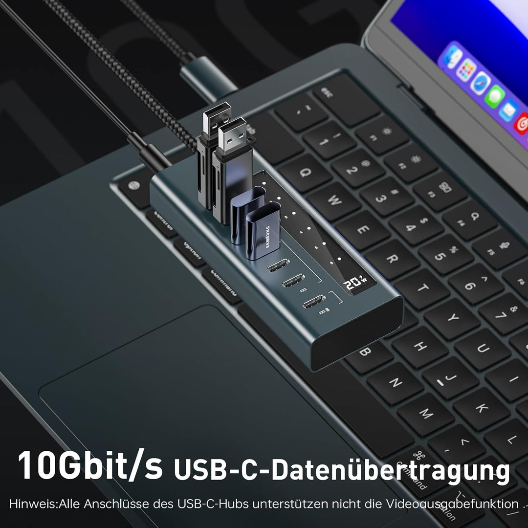 PULWTOP USB C Hub Aktiv,7 Ports USB C to C Hub mit Netzteil, PD 20W Output Charging and 10 Gbit/s 3.