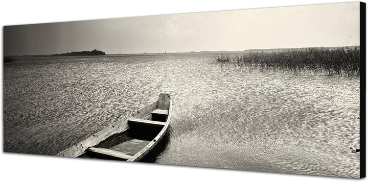 Paul Sinus Art Panorama Bild 150x50cm (Wasser Boot Ruhe schwarz weiss) Exklusives Fotowandbild auf L