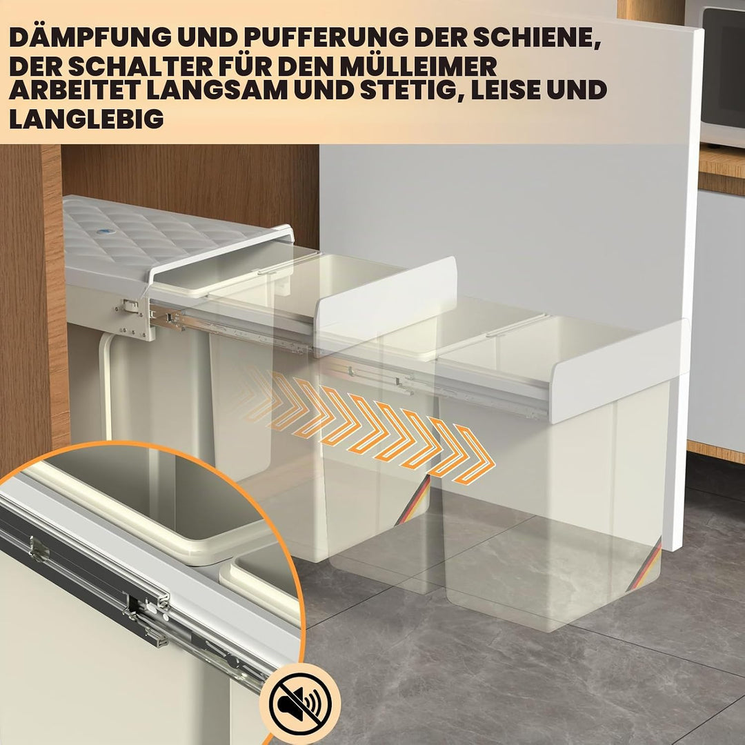 Huracan Mülleimer Küche Unterschrank Ausziehbar 40L, Mülleimer 2 Fächer, Mülltrennsystem Küche, Einb
