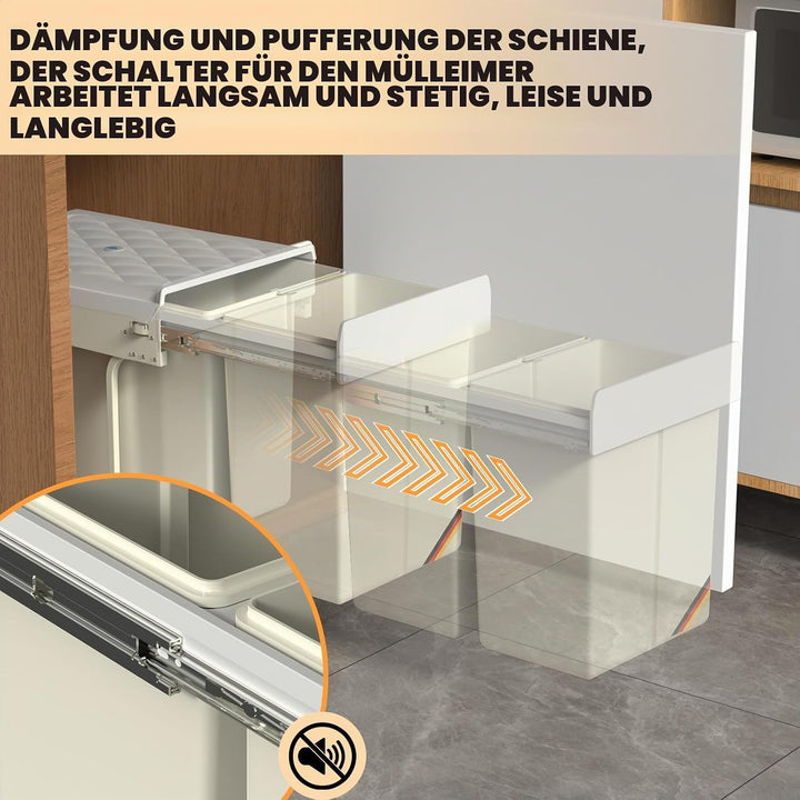 Huracan Mülleimer Küche Unterschrank Ausziehbar 40L, Mülleimer 2 Fächer, Mülltrennsystem Küche, Einb
