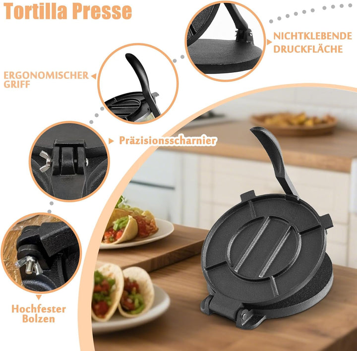 Tortilla Presse - Gusseisen Tortilla Presse 25cm, Roti Maker, Pre-Seasoned Tortilla Maker, Heavy- Du
