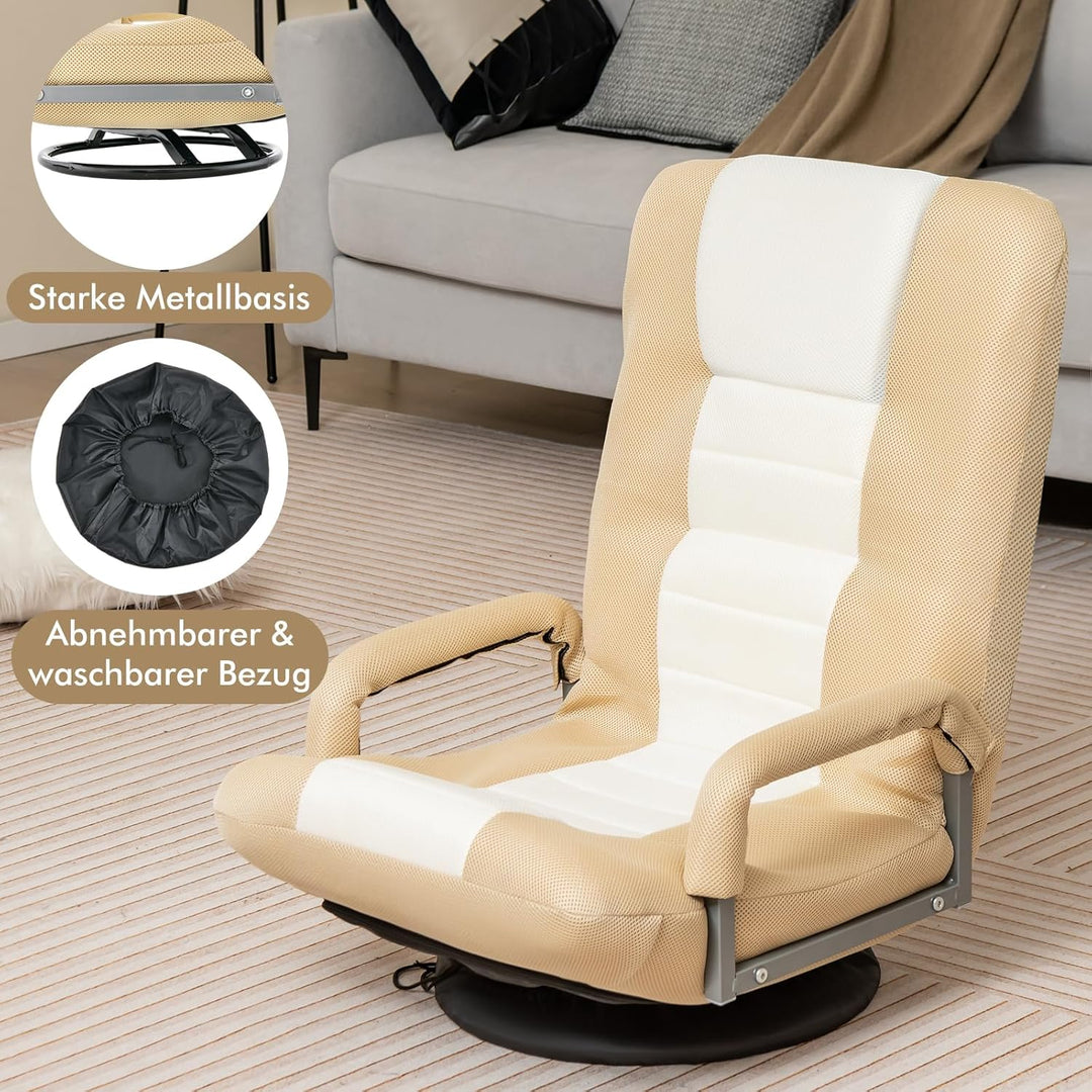 GOPLUS Bodenstuhl 360°drehbar, Bodensessel mit Armlehne &amp; 6-Fach Verstellbarer Rückenlehne, klappbar