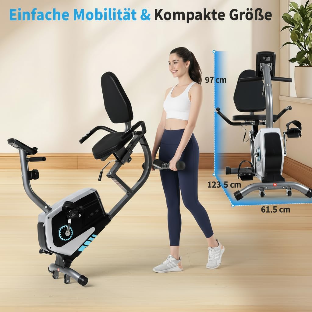 ISE Ergometer Liege- Heimtrainer mit Magnetbremse, Pulssensoren und LCD-Display, 8 Widerstandsstufen