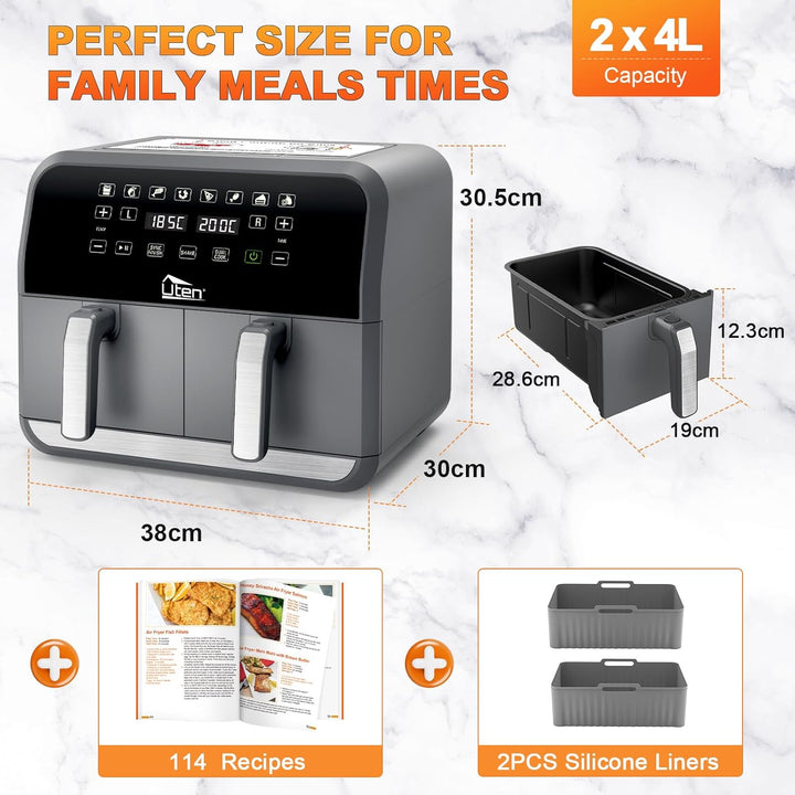 Uten Doppel Heissluftfritteuse, 8L Heissluftfritteuse Dual Zone, XXL Airfryer mit 2 Kammern, Silikon