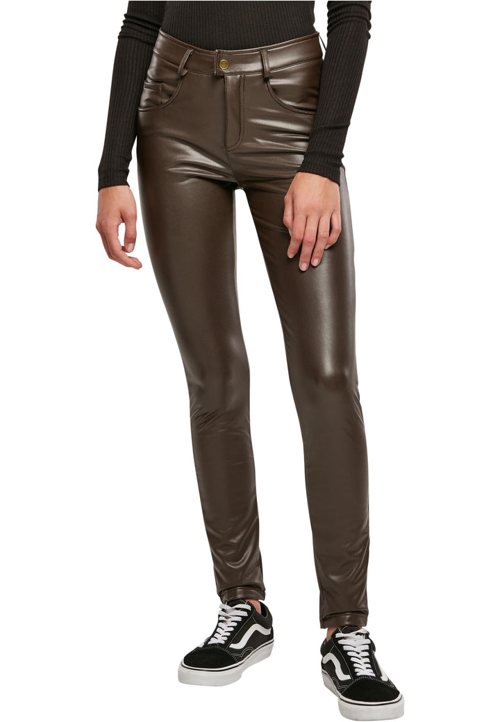 Urban Classics Damen Ladies Mid Waist Synthetic Leather Pants 27 Brown, 27 Brown