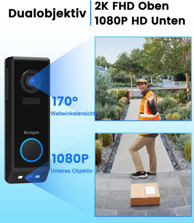 Video Türklingel mit Doppelkamera, Bextgoo 2K HD Türklingel mit Kamera Kabellos, 10000mAh Akku, Bewe