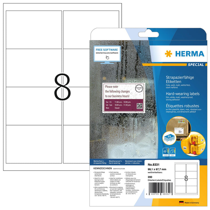 HERMA 8331 Wetterfeste Versandetiketten, 25 Blatt, 99,1 x 67,7 mm, 8 Stück pro A4 Bogen, 200 Aufkleb
