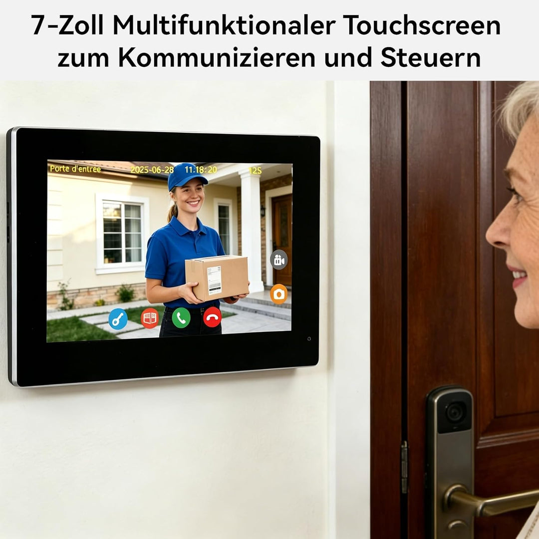 Video-Türsprechanlage, 2 Draht WiFi Türklingel mit 7" Farb-Touchscreen, 1080p Nachtsicht und Zwei-We