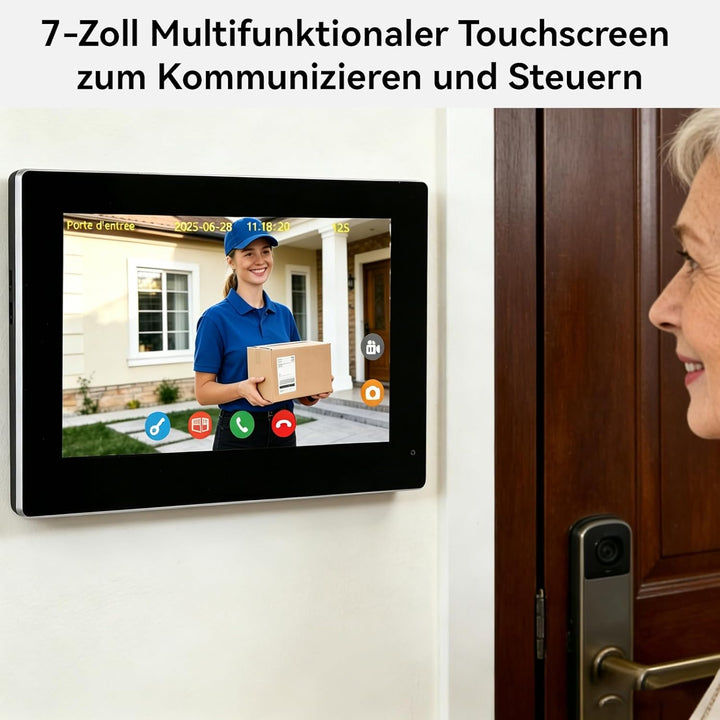Video-Türsprechanlage, 2 Draht WiFi Türklingel mit 7" Farb-Touchscreen, 1080p Nachtsicht und Zwei-We