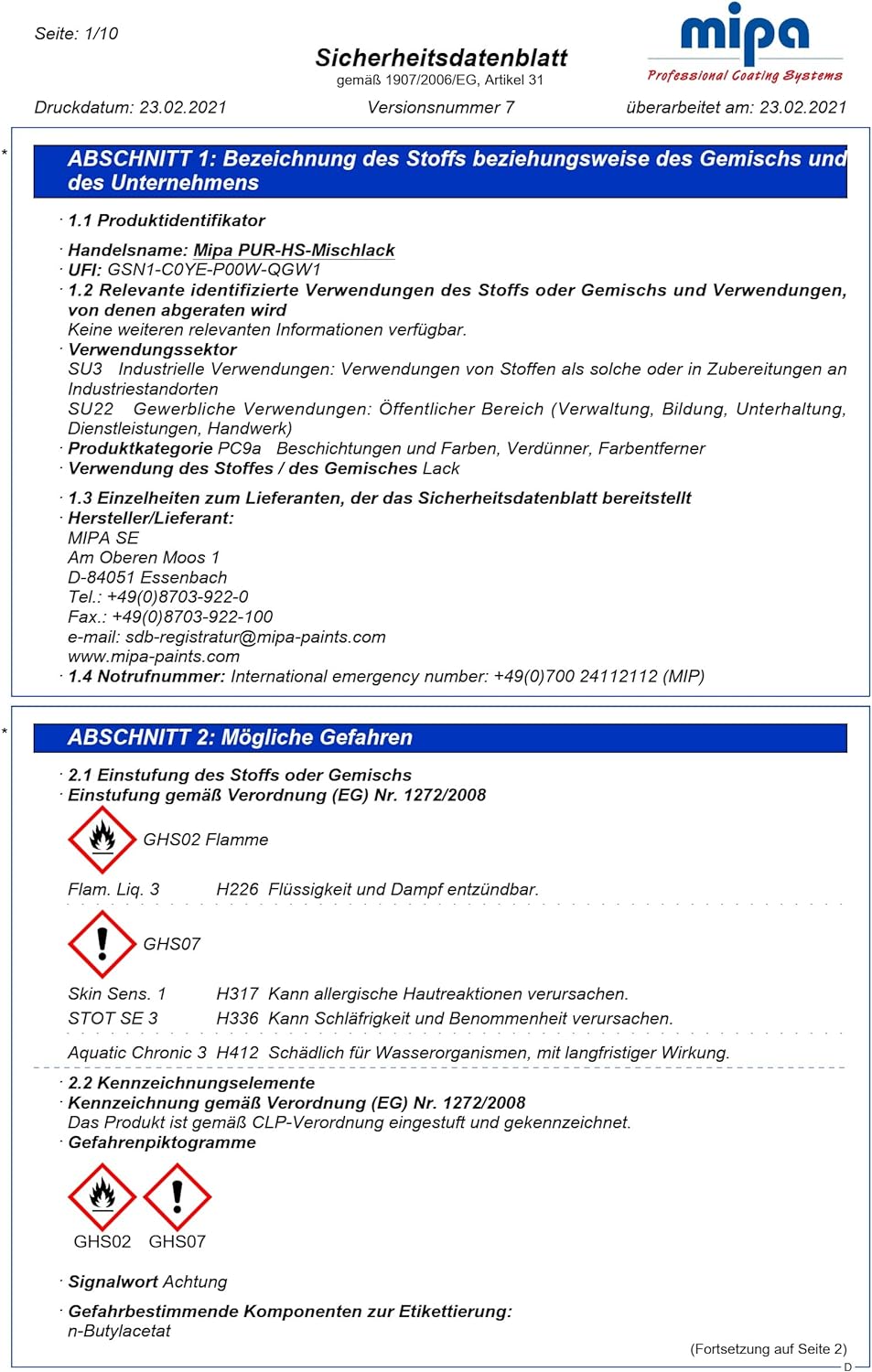 MIPA 2K Acryllack PUR 2K HS Fahrzeuglack 0,5 Liter