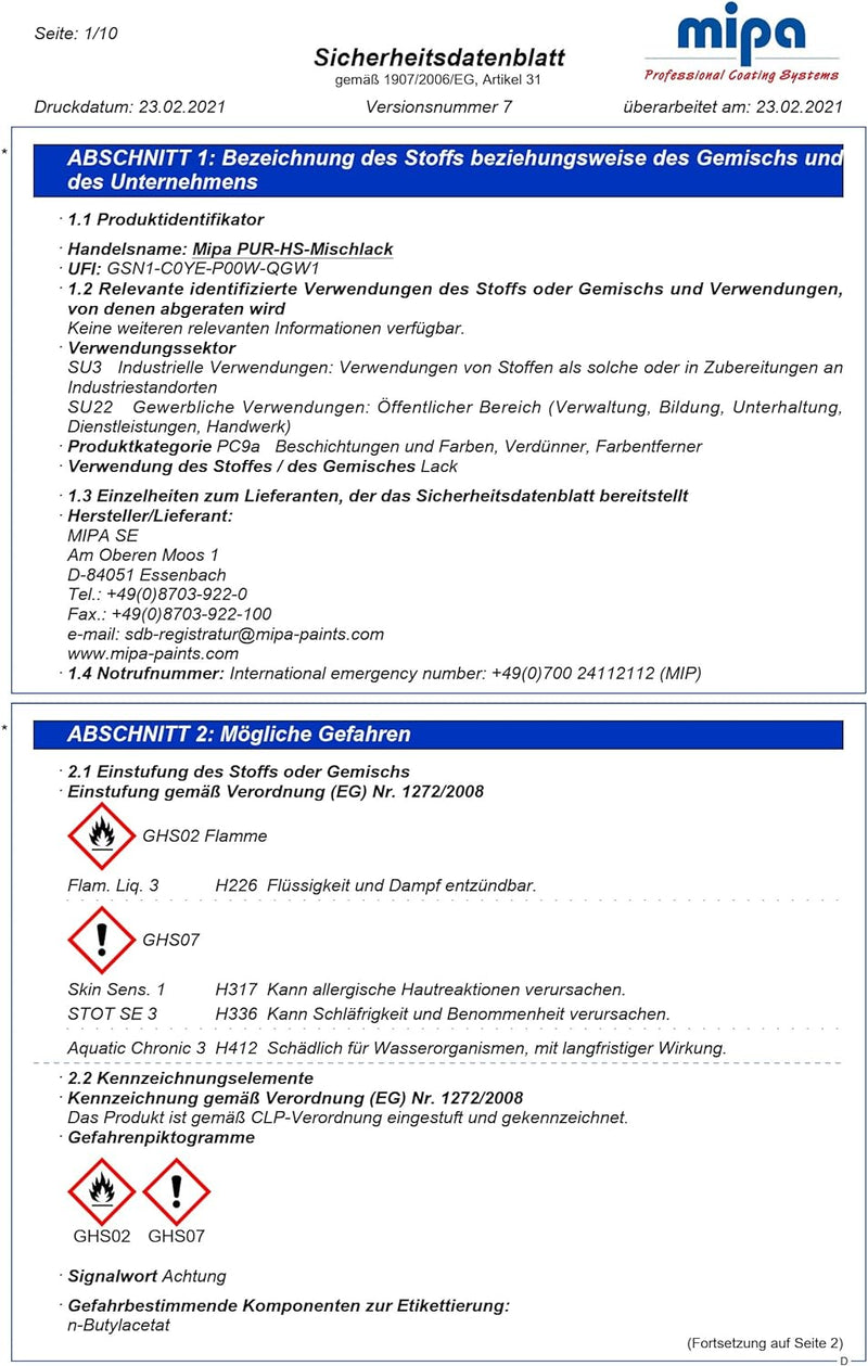 MIPA 2K Acryllack PUR 2K HS Fahrzeuglack 0,5 Liter