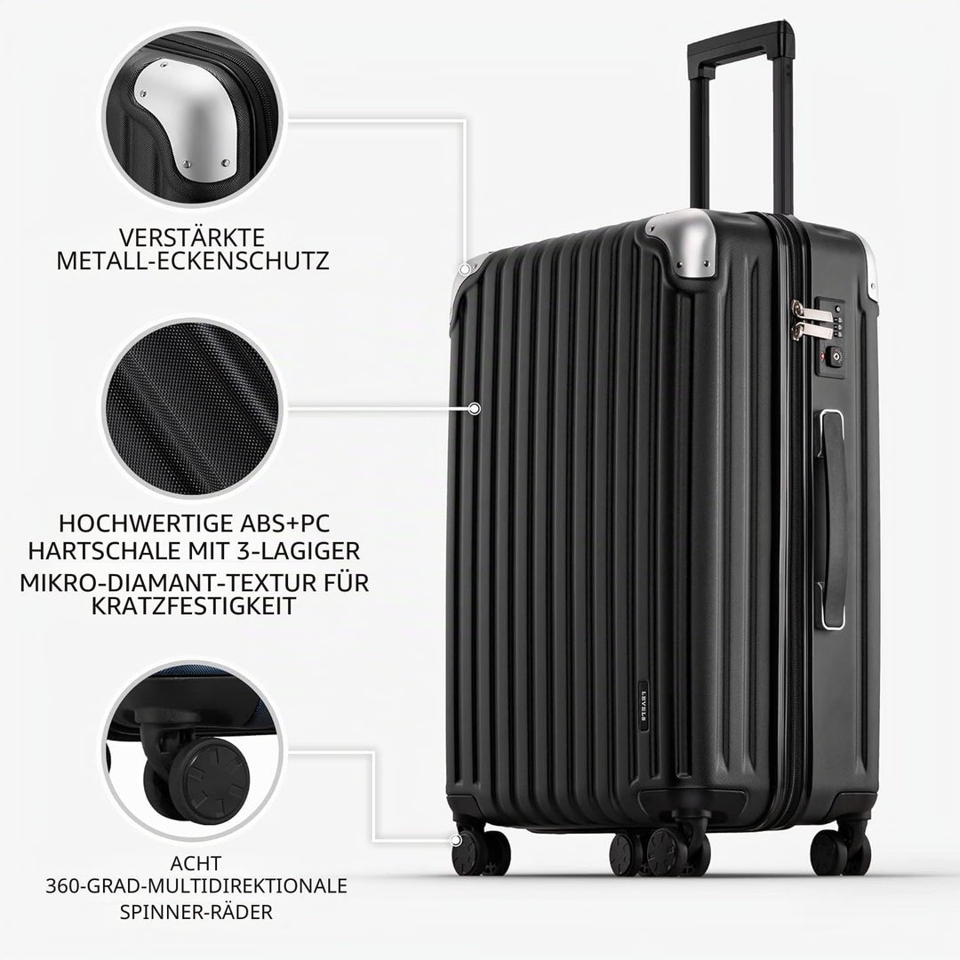 LEVEL8 Koffer Trolleys Handgepäck Hartschalenkoffer Rollkoffer Reisekoffer, TSA Schwarz Set 20/24/28