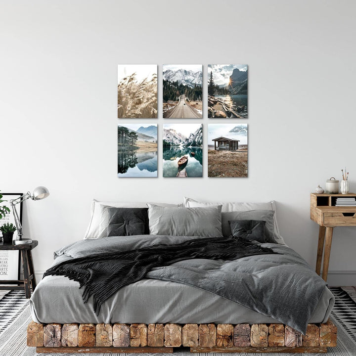 Novart Set Wandbilder - KEIN EXTRA RAMEN BENÖTIGT - Wohnzimmer Schlafzimmer - Bilder Modern See Berg