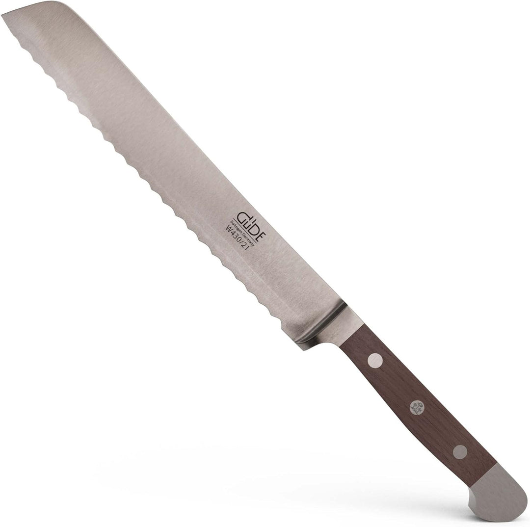 GÜDE Solingen - Brotmesser geschmiedet, 21 cm, Walnussholz, ALPHA WALNUSS, Doppelkropf, Handmade Ger