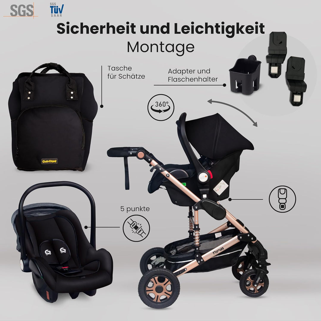GaGaDumi Florida Kinderwagen 3 in 1 Komplettset mit Autositz - Baby Stroller TÜV - Kombikinderwagen