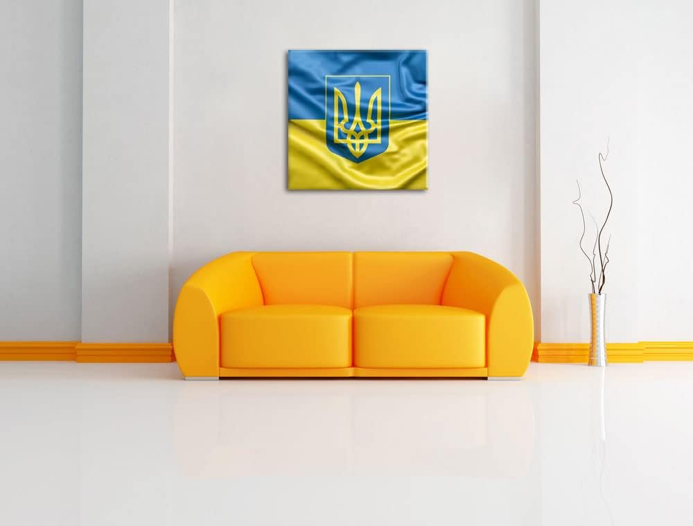 Pixxprint Ukraine Flagge mit Wappen als Leinwandbild Quadratisch| Grösse: 60x60 cm | Wandbild | Kuns