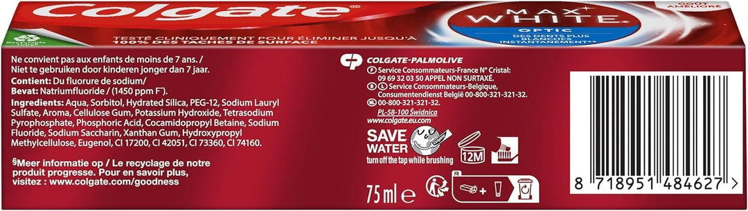 Colgate Max White Optic Zahncreme 4x75 ml | Colgate Zahnpasta entfernt bis zu 100% der Oberflächenve