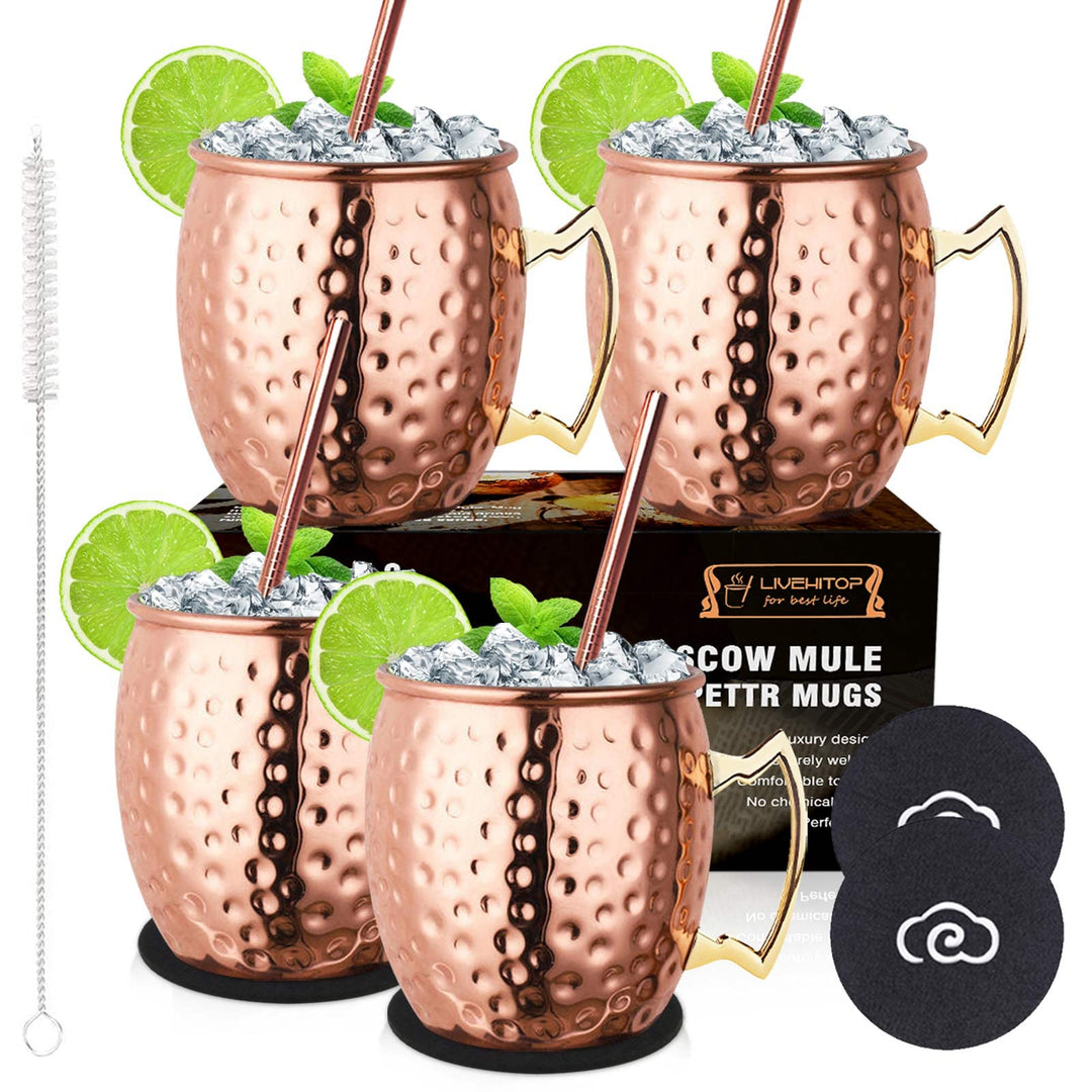 LIVEHITOP 4 Stück Moscow Mule Kupfer Becher Set, 19.5 Oz Handgemacht Cocktail Tasse for Kaltes Geträ