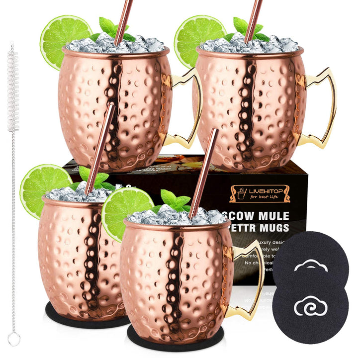 LIVEHITOP 4 Stück Moscow Mule Kupfer Becher Set, 19.5 Oz Handgemacht Cocktail Tasse for Kaltes Geträ