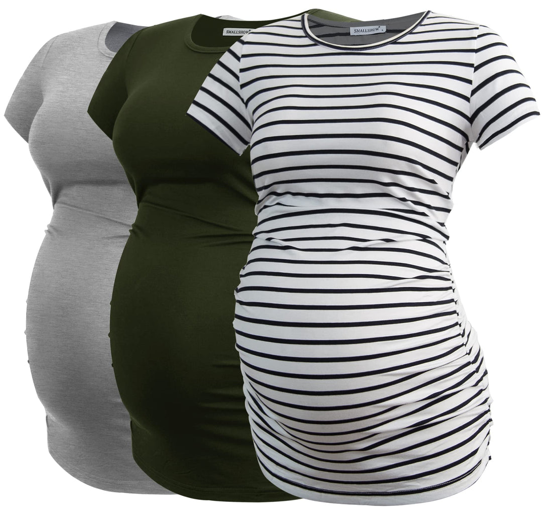 Smallshow Damen Umstandsmode Tops Seitlich Geraffte Schwangerschafts Umstandstop 3er Pack, M Armeegr
