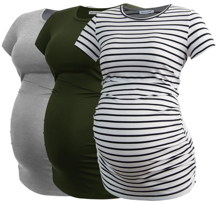 Smallshow Damen Umstandsmode Tops Seitlich Geraffte Schwangerschafts Umstandstop 3er Pack, M Armeegr
