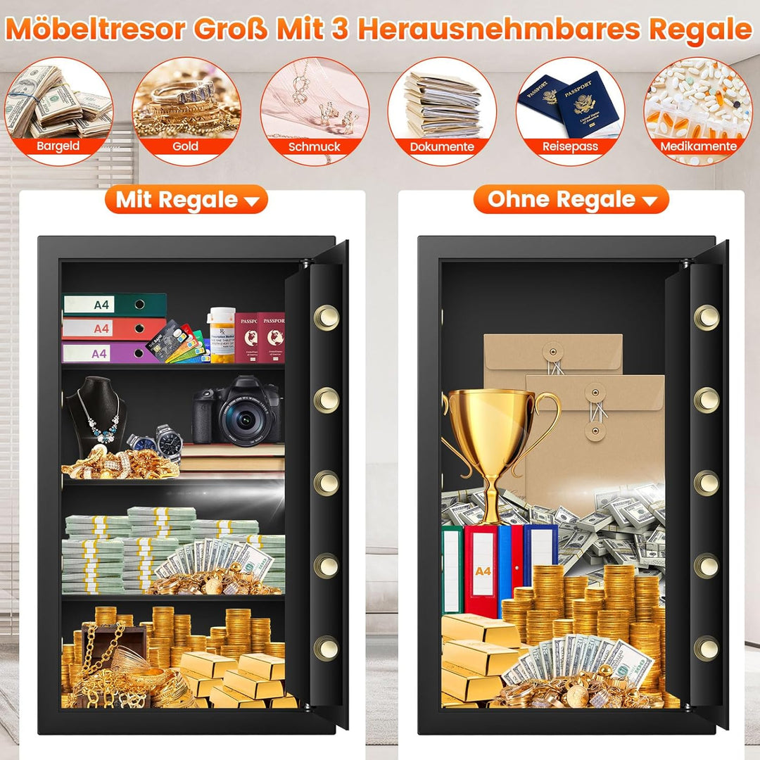 Extra Grosser Safe Tresor Feuerfest mit Feuerfeste Dokumententasche&3 Herausnehmbares Regal, 102L Ro