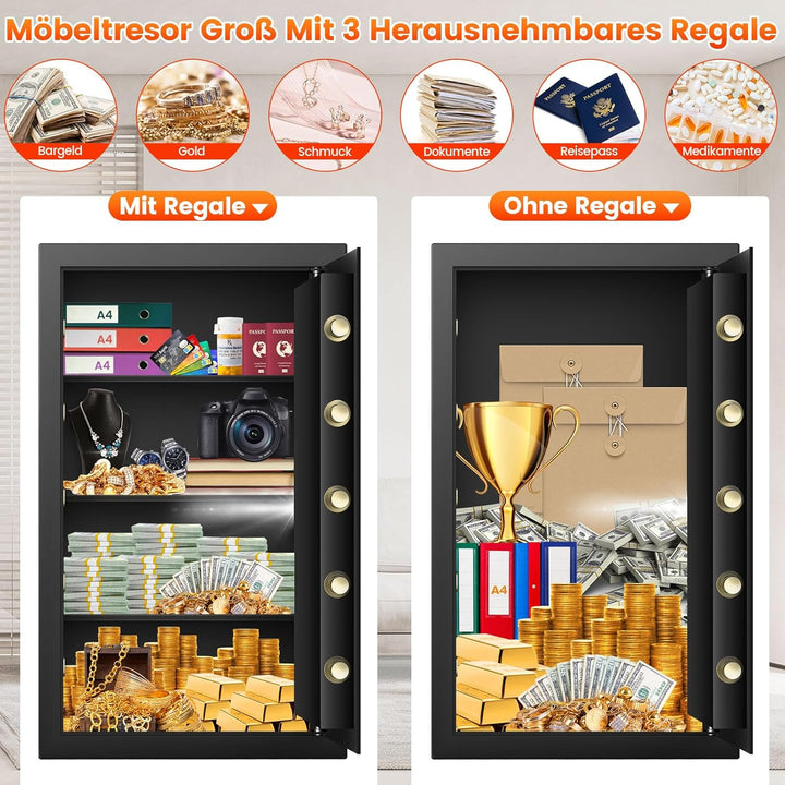 Extra Grosser Safe Tresor Feuerfest mit Feuerfeste Dokumententasche&3 Herausnehmbares Regal, 102L Ro