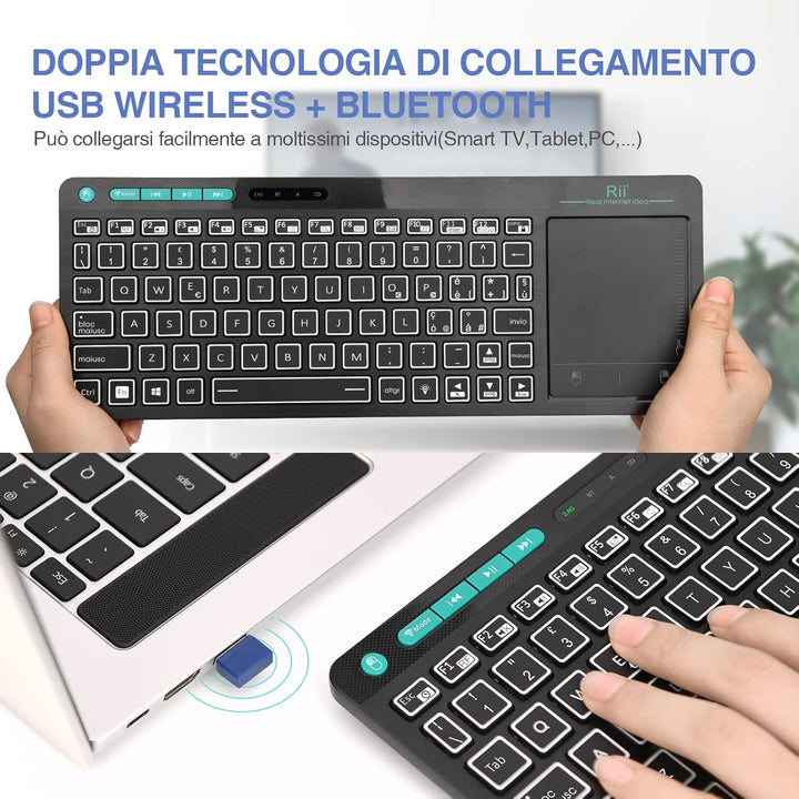 Rii Mini i18S Wireless + Bluetooth Kompakte Tastatur mit grosser Maus Touchpad und LED-Hintergrundbe