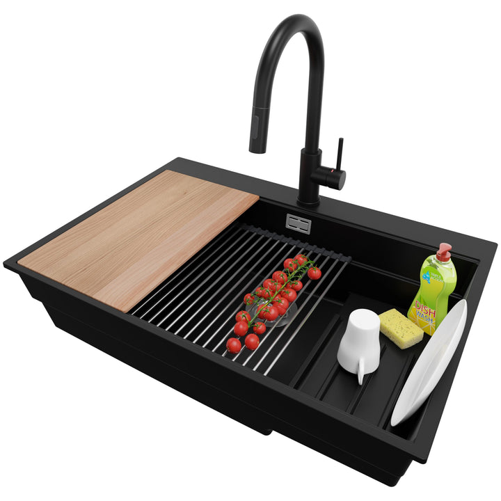 Spülbecken Schwarz 78x53 cm, Granitspüle 1 Becken + Ablauf-Set + Küchenarmatur, Küchenspüle ab 80er