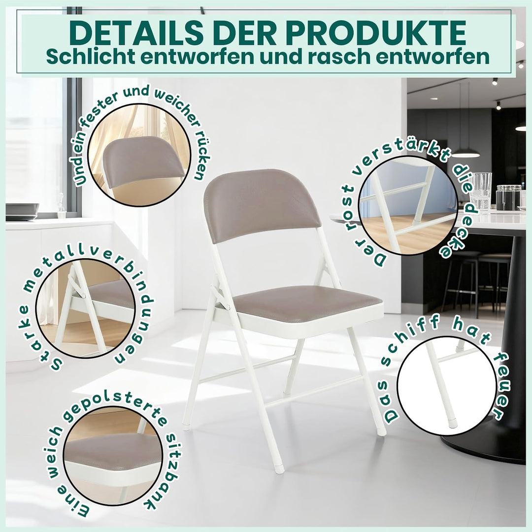 Klappstuhl 4er Set mit PU-Leder & Polsterung, Stabiler Metallrahmen, Leicht & Platzsparend, für Büro