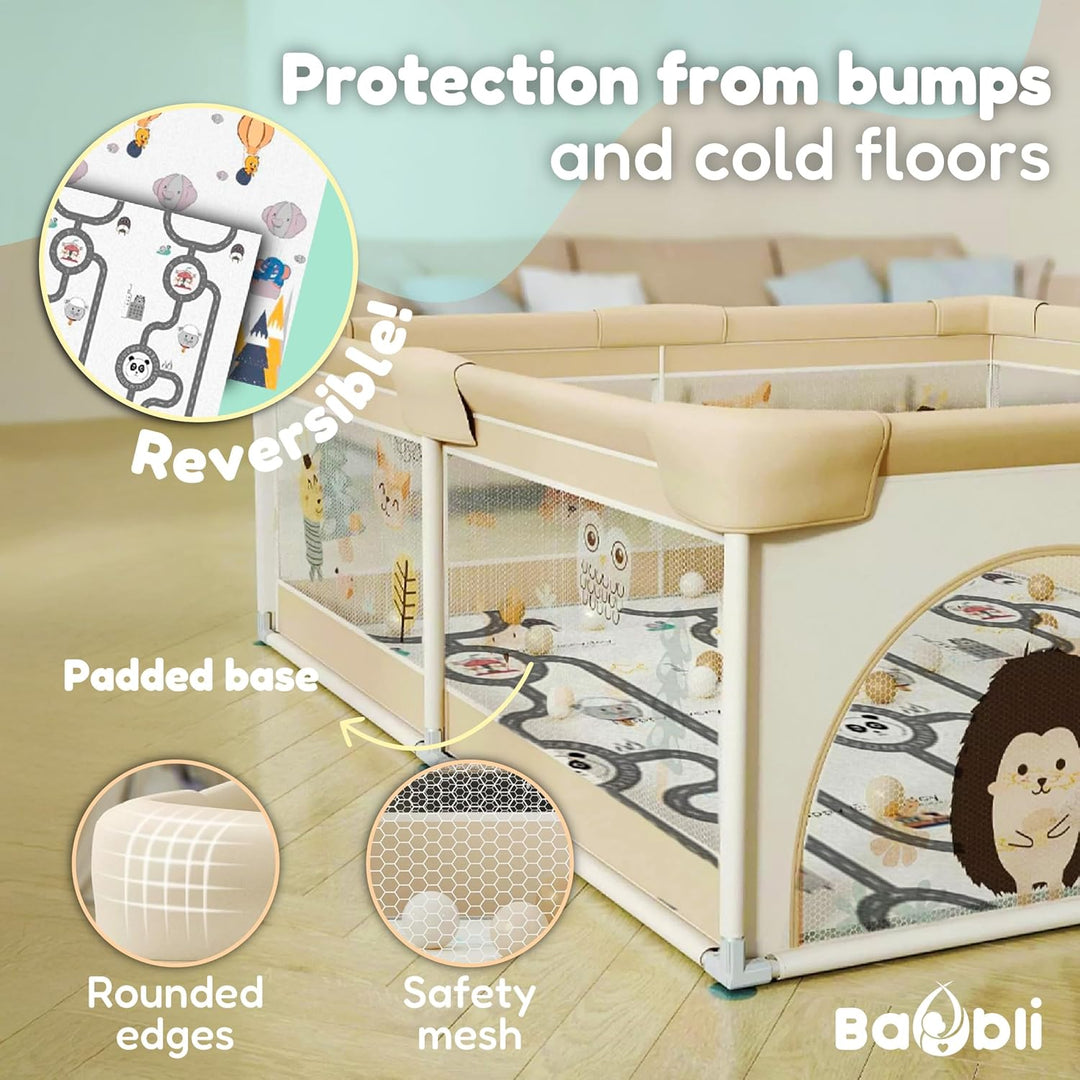 Laufstall für Babys, 150 x 180 cm, Babymatte, 60 Bälle, Griffe, Tragetaschen, Laufstall mit atmungsa