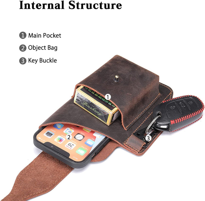 PORRASSO Handy Gürteltasche mit Schlüsselanhänger Retro Leder Handytasche Handyschutz Holster für Te