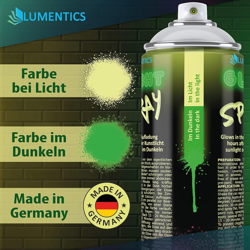 LUMENTICS Leuchtspray Gelb-Grün - Sprayfarbe mit Nachleuchteffekt - Leuchtet im Dunkeln - Made in Ge