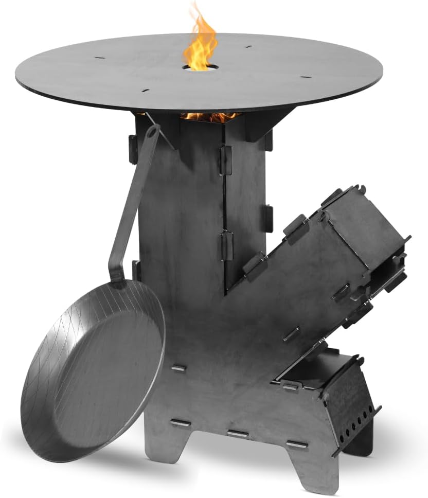 Czaja Raketenofen Set mit 5 mm starker Feuerplatte, Eisen Bratpfanne und 5-tlg Grillbesteck | Rocket