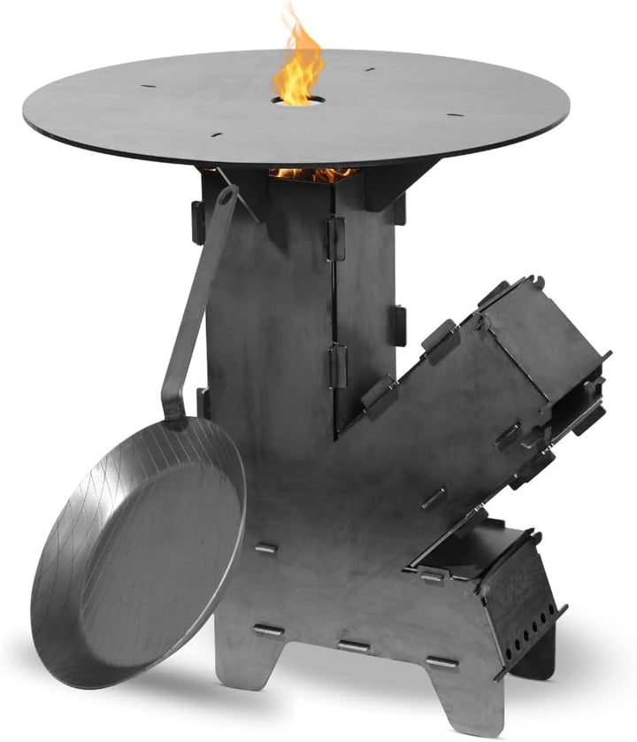 Czaja Raketenofen Set mit 5 mm starker Feuerplatte, Eisen Bratpfanne und 5-tlg Grillbesteck | Rocket