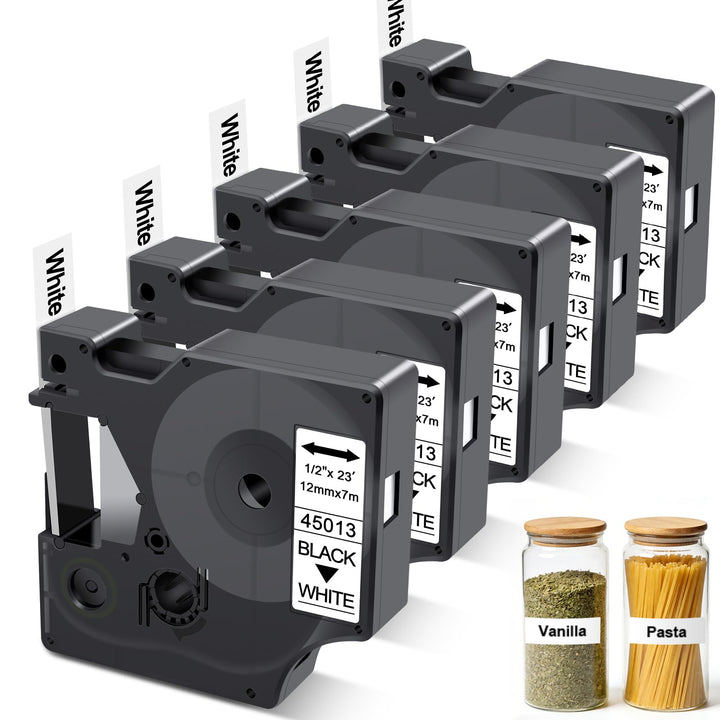 5x Kompatibel mit Dymo D1 Etikettenband, Schwarz auf Weiss 12mm x 7m 45013, Kompatibel mit Dymo D1 S
