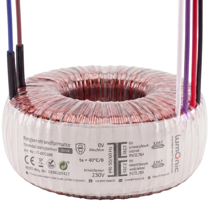 Sedlbauer Ringkerntrafo Transformator 50VA 2x9V für Audio, Industrie, Halogen und Schienensysteme -