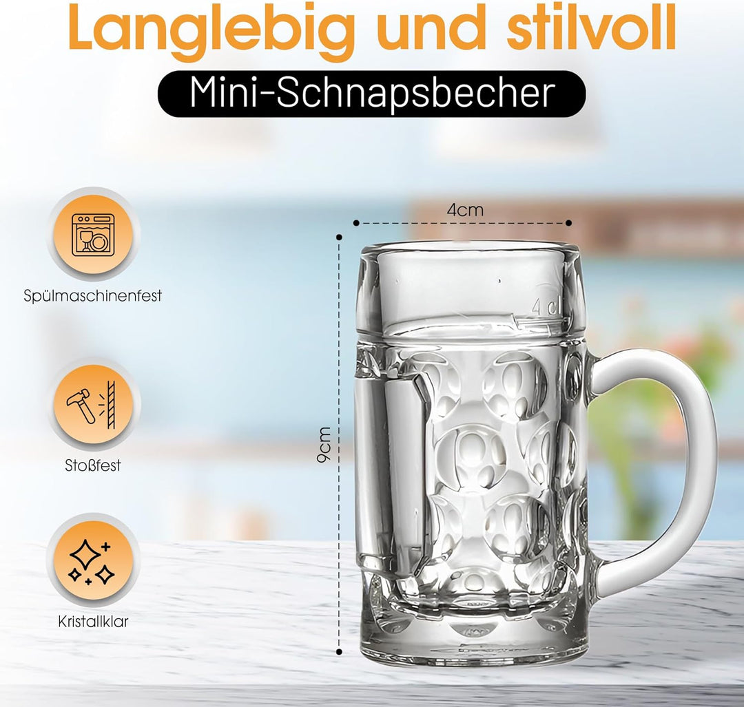 Carlso 12x Mini Bierkrug, Massglass, Seidel, Oktoberfest, Bayern Schnapsglas 4cl mit Henkel (12x ohn