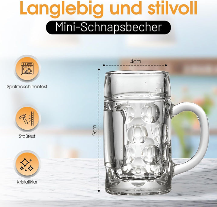 Carlso 12x Mini Bierkrug, Massglass, Seidel, Oktoberfest, Bayern Schnapsglas 4cl mit Henkel (12x ohn