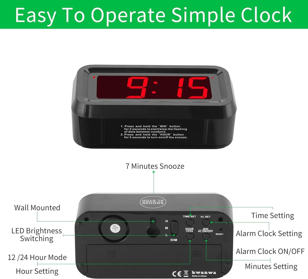 KWANWA Schreibtisch/Nachttisch/Wand Digital LED Alarm Uhr mit Big 3 cm LED Time Display, AA Batterie