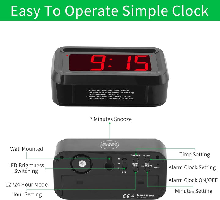 KWANWA Schreibtisch/Nachttisch/Wand Digital LED Alarm Uhr mit Big 3 cm LED Time Display, AA Batterie
