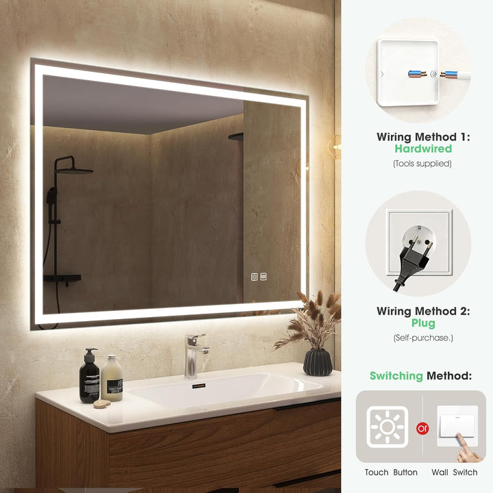 S'bagno Badspiegel mit Beleuchtung 800x600mm,LED Badezimmerspiegel mit Speicher, Entfoggen, 3000K/40