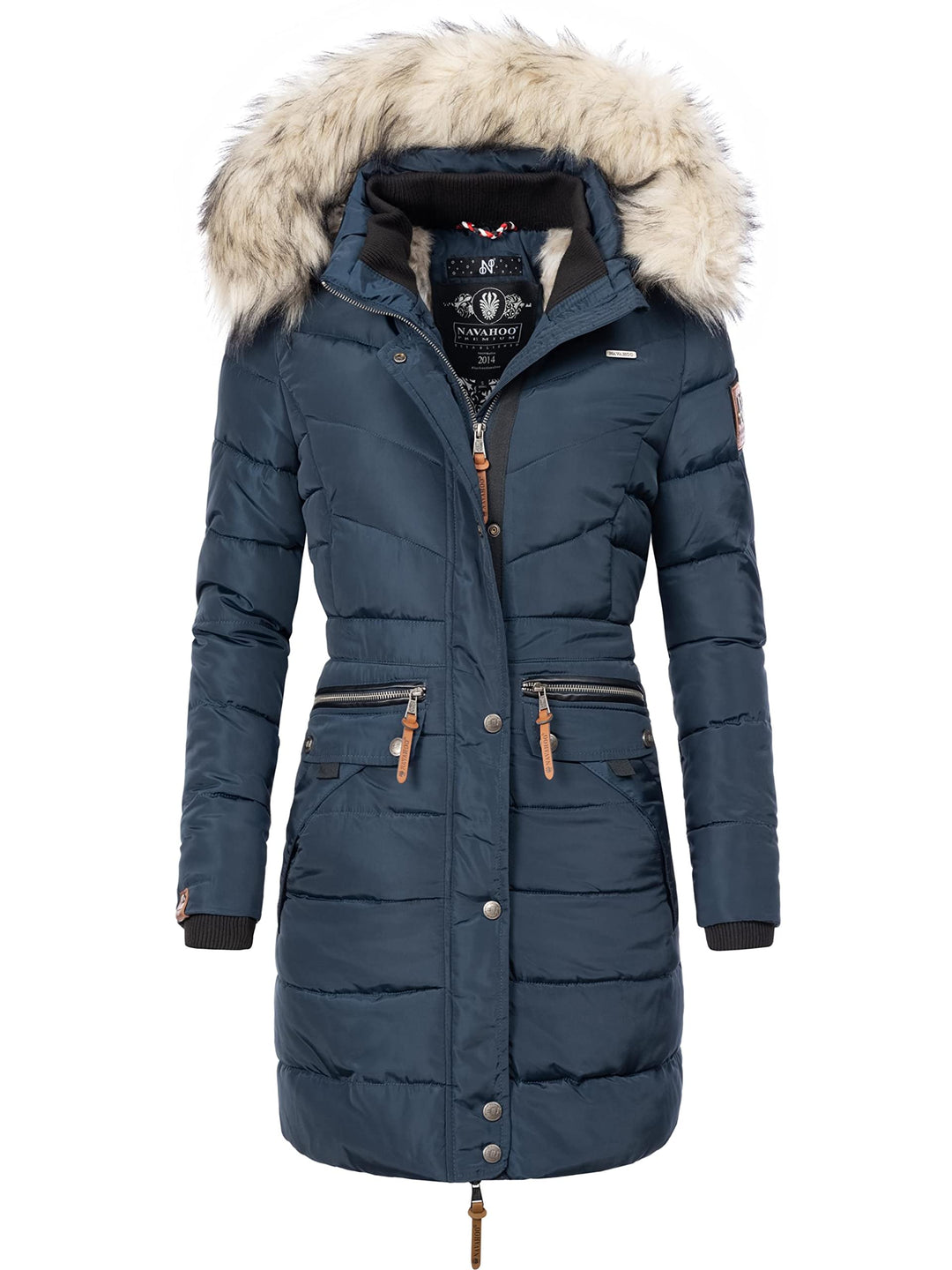 Navahoo Damen Wintermantel warmer Steppmantel lang mit Kapuze Paula XS-XXL S Blau, S Blau