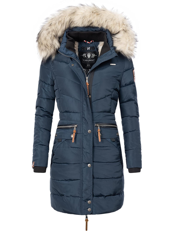 Navahoo Damen Wintermantel warmer Steppmantel lang mit Kapuze Paula XS-XXL S Blau, S Blau