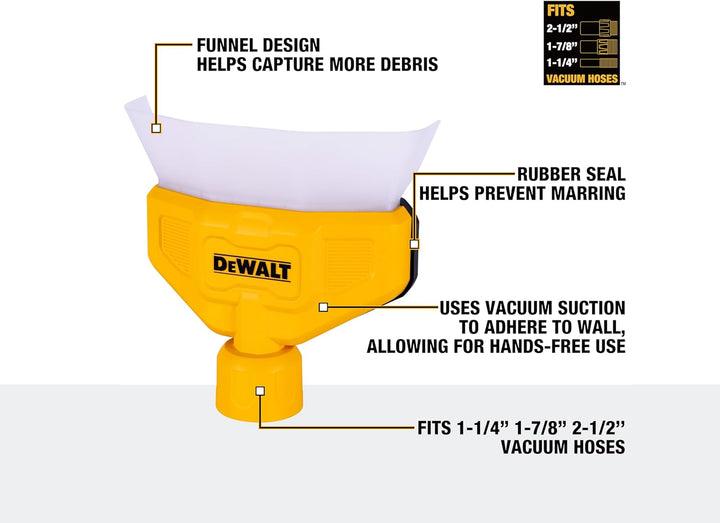 DEWALT DXVA00-1500E Staubsammler hat EIN Trichterdesign für maximale Schmutzaufnahme.Eine Gummidicht