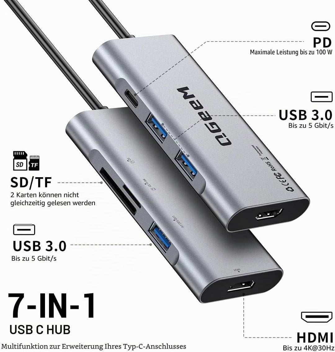 QGeeM USB C Hub, USB C auf HDMI Adapter, 4K 7 in 1 USB C Dongle mit 100W Stromversorgung, 3 USB 3.0
