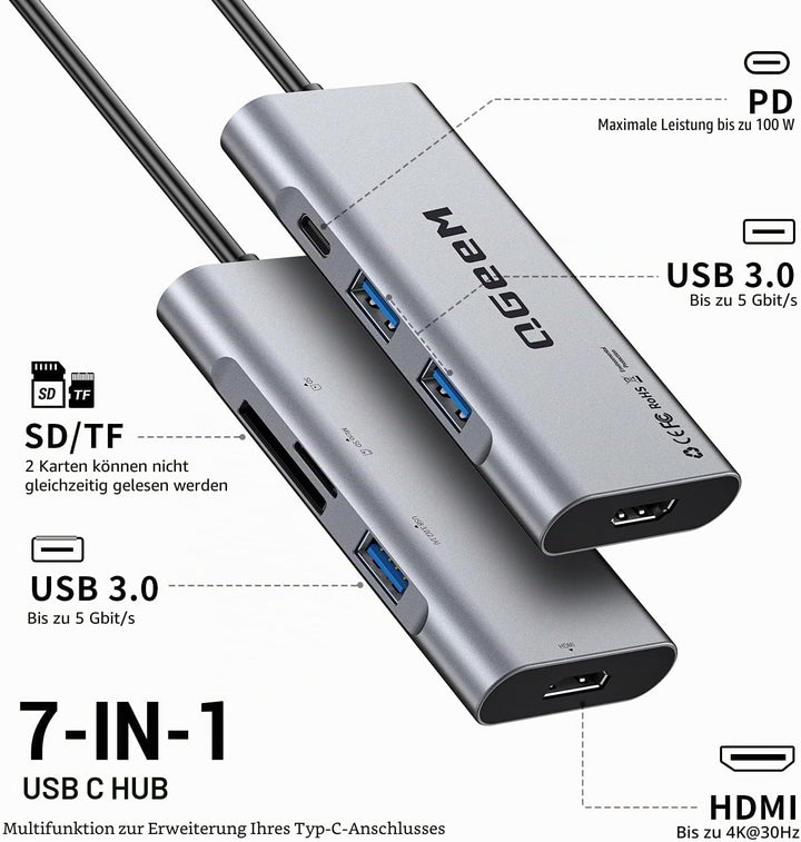 QGeeM USB C Hub, USB C auf HDMI Adapter, 4K 7 in 1 USB C Dongle mit 100W Stromversorgung, 3 USB 3.0